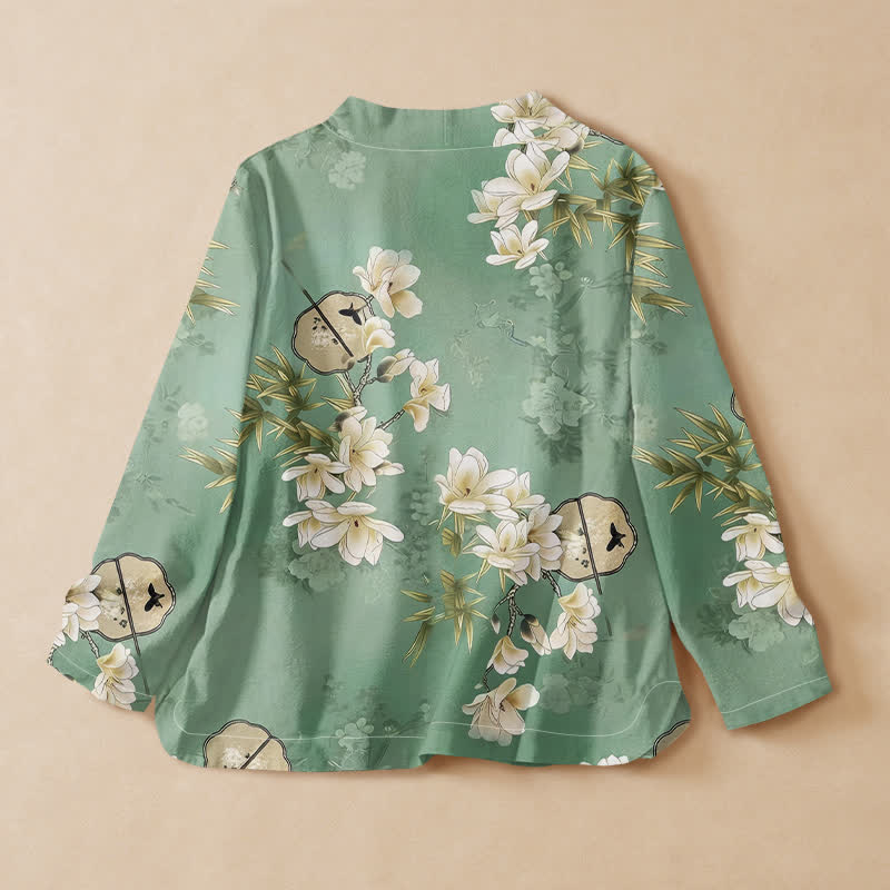 Buddha Stonesコットンマグノリア竹扇プリント漢服風ラップVネックレースアップレディース長袖シャツ着物 - image 1