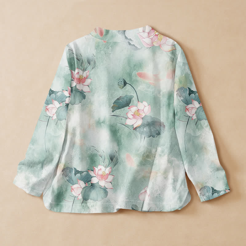 Buddha Stonesコットン蓮の花プリント漢服風ラップVネックレースアップレディース長袖シャツ着物 - image 1
