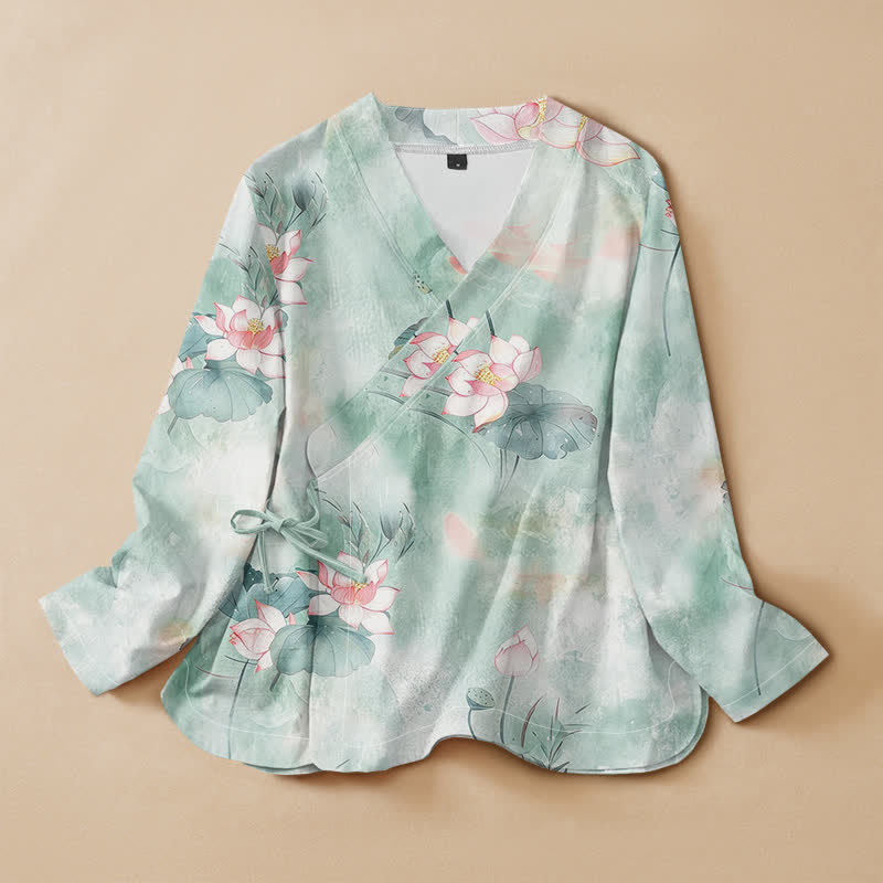 Buddha Stonesコットン蓮の花プリント漢服風ラップVネックレースアップレディース長袖シャツ着物 - ペールターコイズ - US16、 UK/AU20、 EU48 (3XL) - image 0