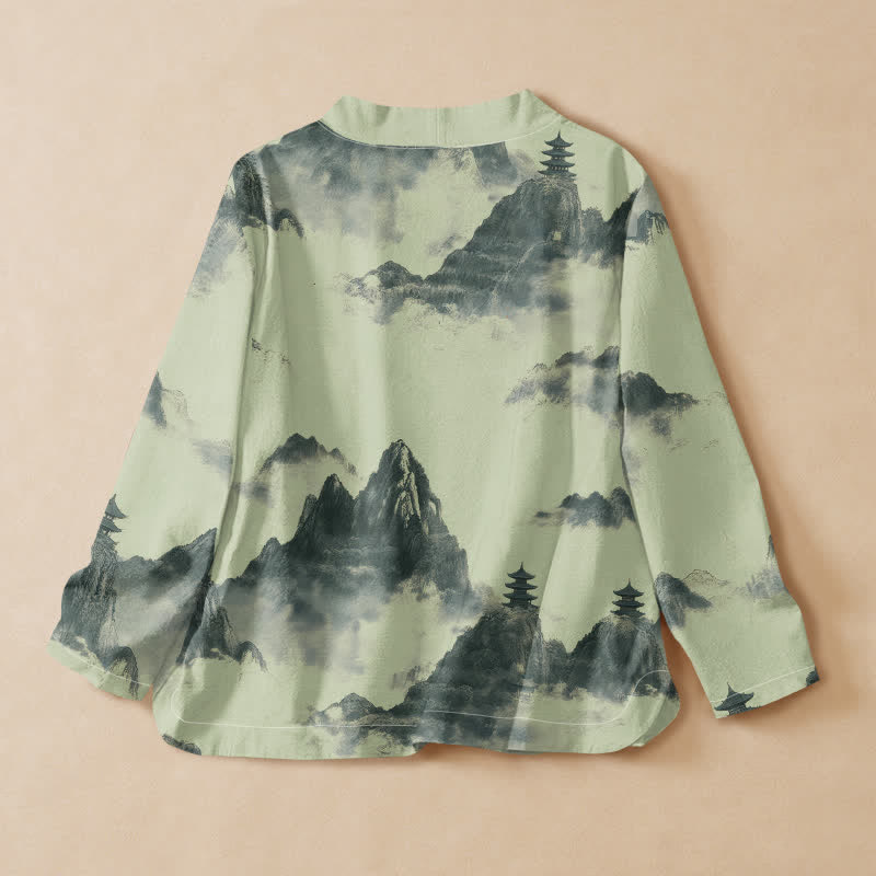 Buddha Stonesコットンインク風景パゴダプリント漢服風ラップVネックレースアップレディース長袖シャツ着物 - image 1