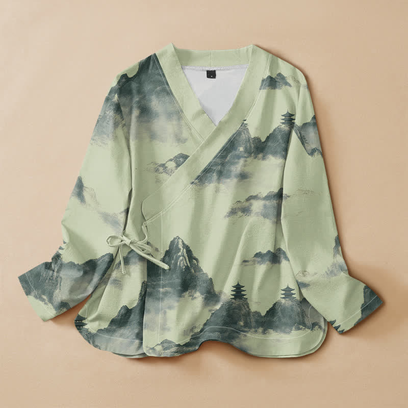 Buddha Stonesコットンインク風景パゴダプリント漢服風ラップVネックレースアップレディース長袖シャツ着物 - 淡い緑色 - US16、 UK/AU20、 EU48 (3XL) - image 0