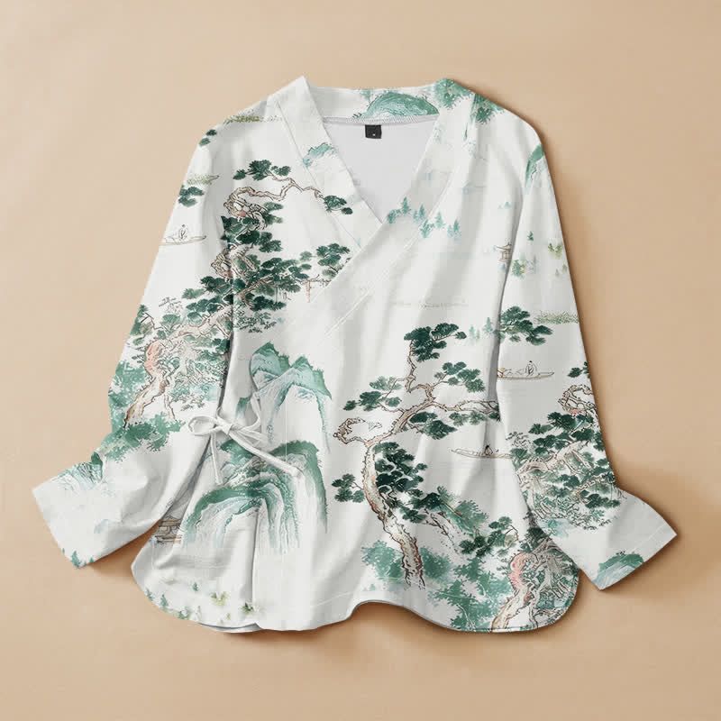 Buddha Stonesと綿松の風景プリントの漢服風ラップVネックレースアップレディース長袖シャツ着物 - 甘露 - US16、 UK/AU20、 EU48 (3XL) - image 0