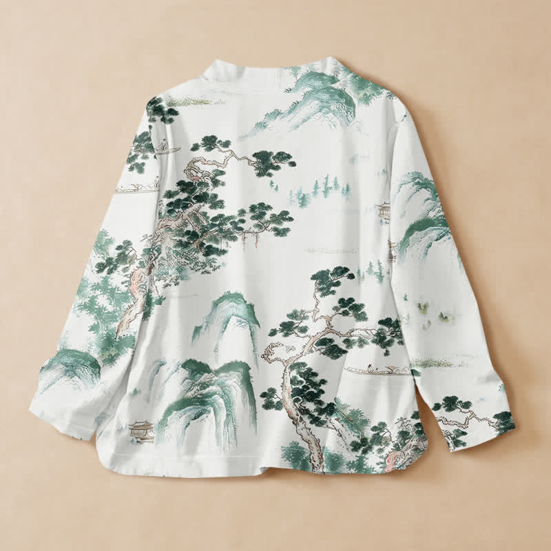 Buddha Stonesと綿松の風景プリントの漢服風ラップVネックレースアップレディース長袖シャツ着物 - image 1
