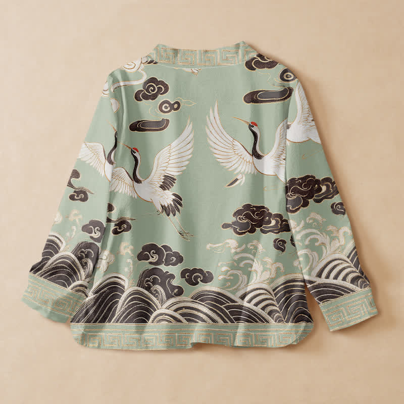 Buddha Stonesコットン鶴雲波プリント漢服風ラップVネックレースアップレディース長袖シャツ着物 - image 1