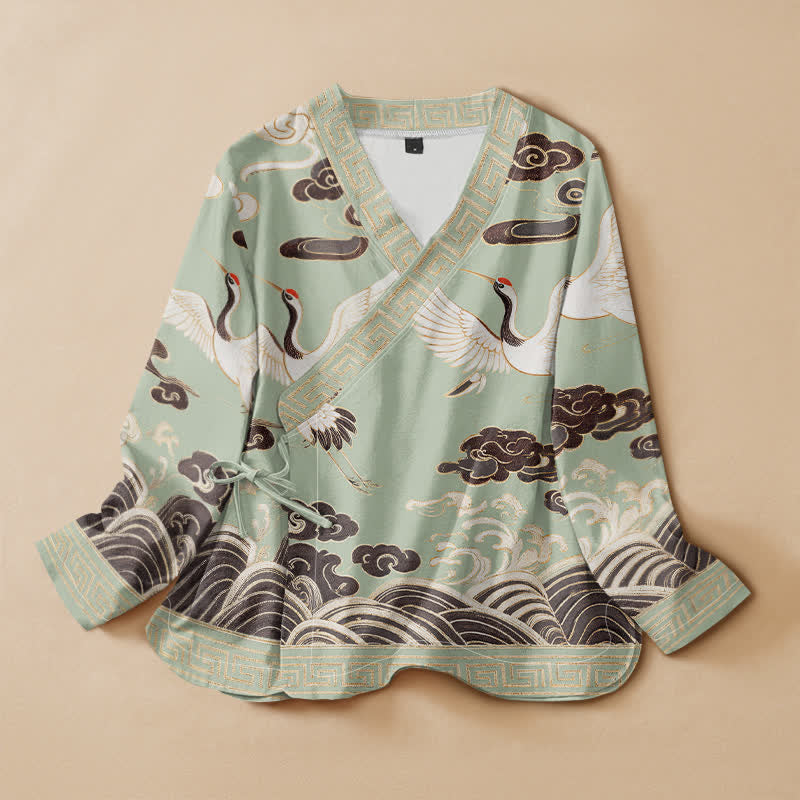 Buddha Stonesコットン鶴雲波プリント漢服風ラップVネックレースアップレディース長袖シャツ着物 - 淡い緑色 - US16、 UK/AU20、 EU48 (3XL) - image 0