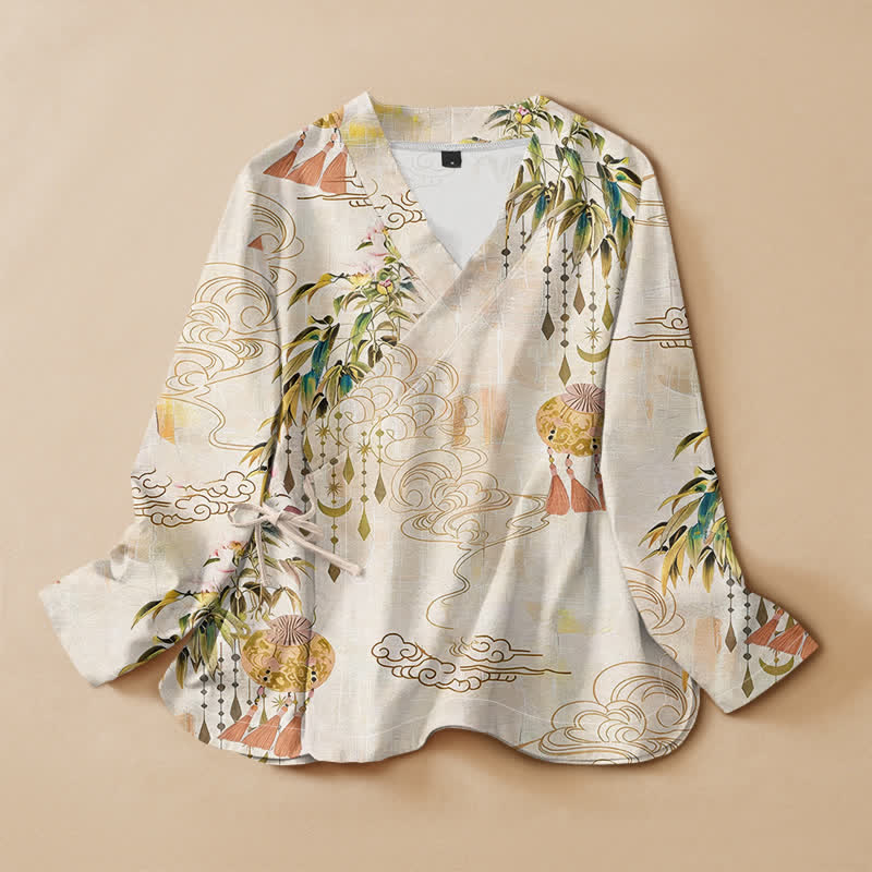 Buddha Stonesコットン雲葉タッセルプリント漢服風ラップVネックレースアップレディース長袖シャツ着物 - リネン - US16、 UK/AU20、 EU48 (3XL) - image 0