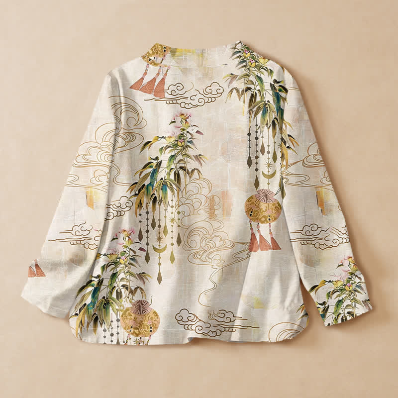 Buddha Stonesコットン雲葉タッセルプリント漢服風ラップVネックレースアップレディース長袖シャツ着物 - image 1