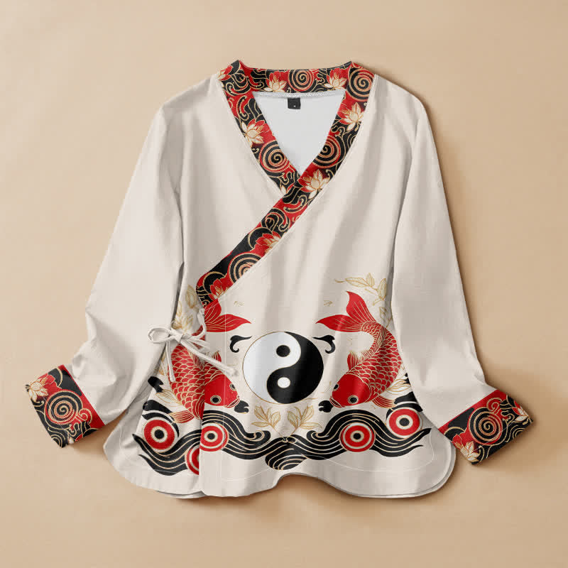 Buddha Stonesコットン鯉陰陽蓮プリント漢服風ラップVネックレースアップレディース長袖シャツ着物 - 象牙 - US16、 UK/AU20、 EU48 (3XL) - image 0