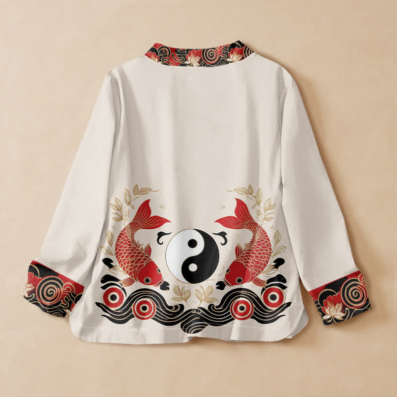 Buddha Stonesコットン鯉陰陽蓮プリント漢服風ラップVネックレースアップレディース長袖シャツ着物 - image 1