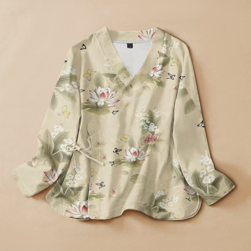 Buddha Stones柄コットン蓮の葉蝶プリント漢服風ラップVネックレースアップレディース長袖シャツ着物 - 淡いゴールデンロッドイエロー - US16、 UK/AU20、 EU48 (3XL) - image 0