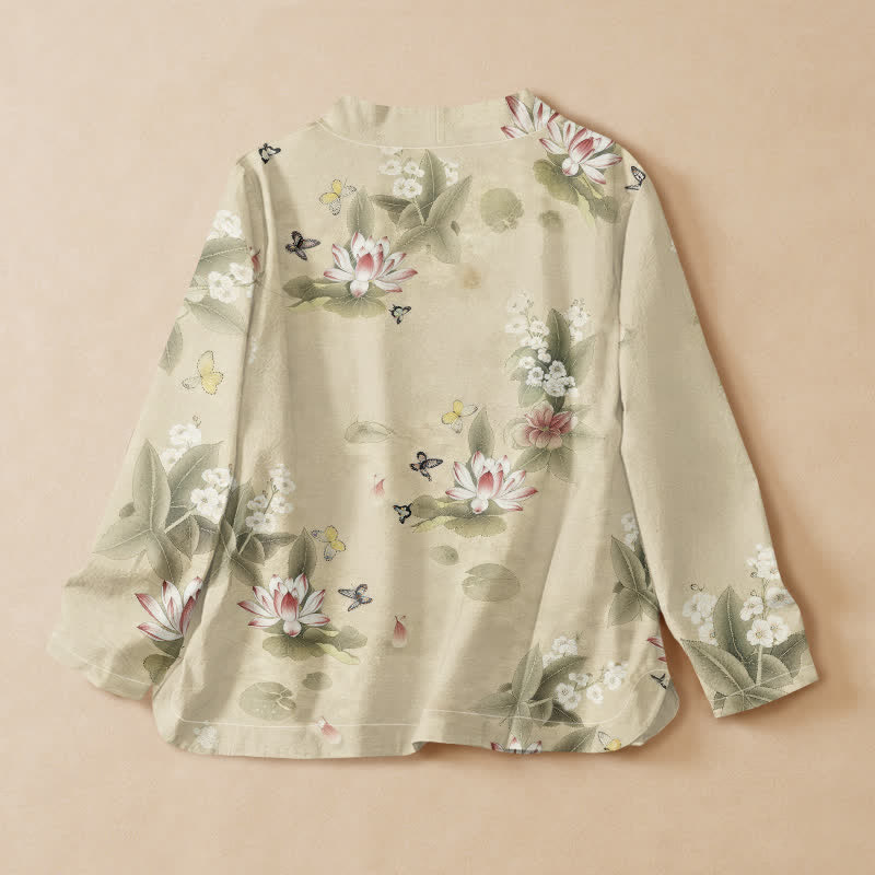 Buddha Stones柄コットン蓮の葉蝶プリント漢服風ラップVネックレースアップレディース長袖シャツ着物 - image 1