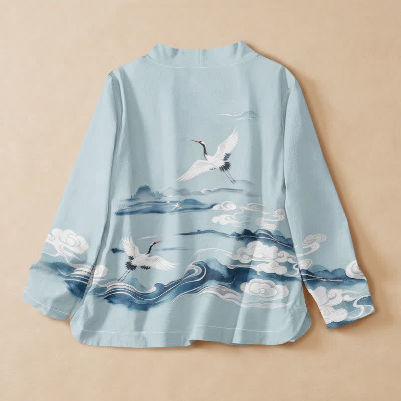 Buddha Stonesコットン製飛鶴雲模様ラップVネックレースアップレディース長袖シャツ着物 - image 1