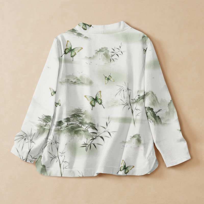 Buddha Stonesコットン竹蝶プリント漢服風ラップVネックレースアップレディース長袖シャツ着物 - image 1