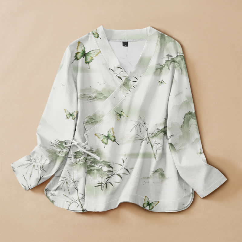 Buddha Stonesコットン竹蝶プリント漢服風ラップVネックレースアップレディース長袖シャツ着物 - ダークシーグリーン - US16、 UK/AU20、 EU48 (3XL) - image 0