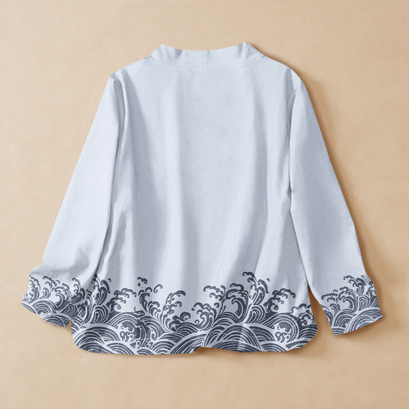 Buddha Stonesコットンオーシャンウェーブプリント漢服風ラップVネックレースアップレディース長袖シャツ着物 - image 1