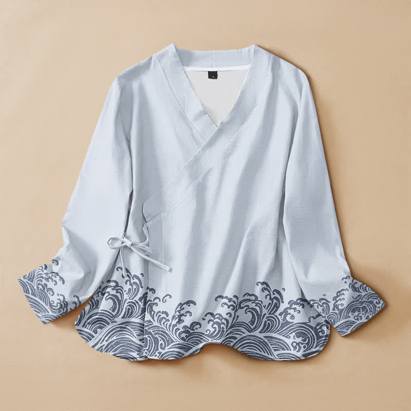 Buddha Stonesコットンオーシャンウェーブプリント漢服風ラップVネックレースアップレディース長袖シャツ着物 - 水色 - US16、 UK/AU20、 EU48 (3XL) - image 0