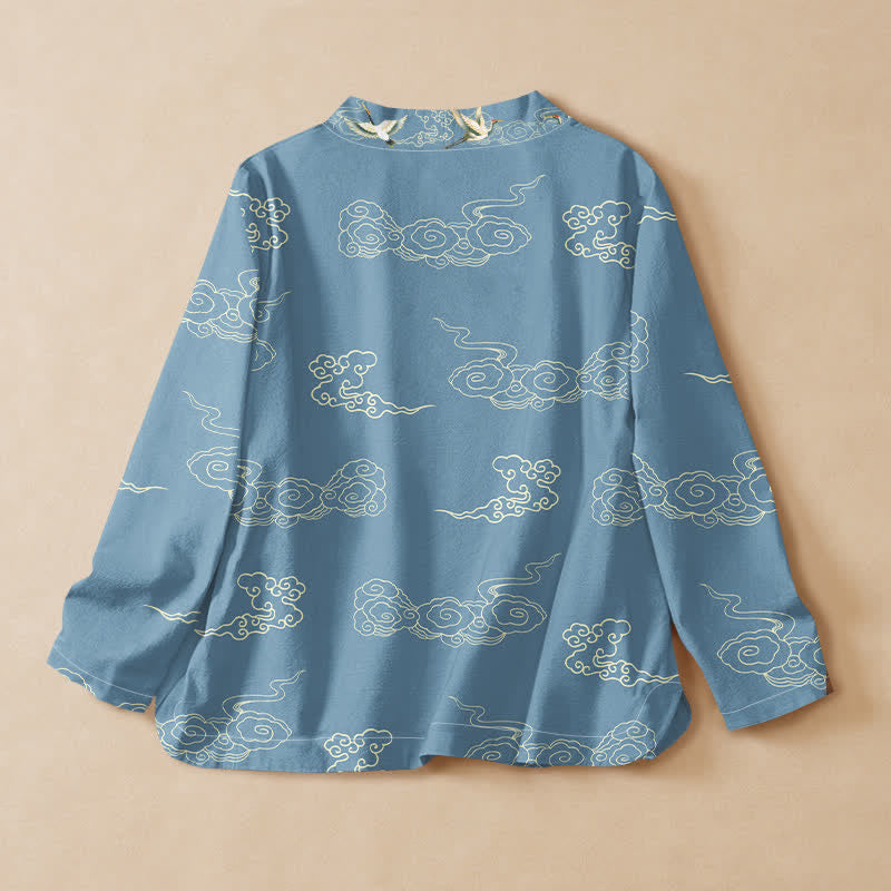 Buddha Stonesコットン鶴縁起雲プリントラップVネックレースアップレディース長袖シャツ着物 - image 1