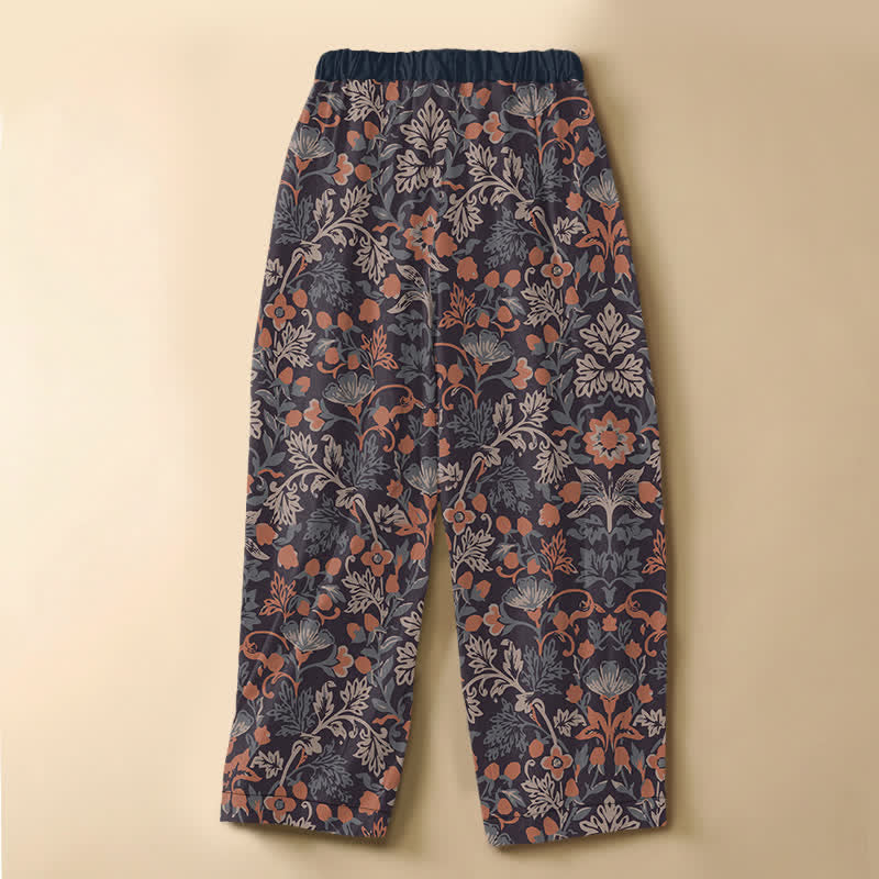 Buddha Stones 純綿ボヘミアン花柄つる模様カエルボタン付きレディースゴムウエストハーレムパンツ（ポケット付き） - image 1