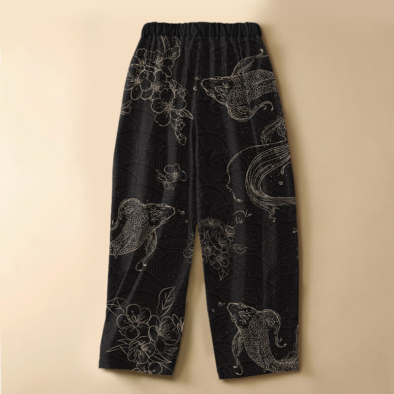 Buddha Stones 純綿素材、鯉柄、カエルボタン付き、ウエストゴム仕様、ポケット付きレディースハーレムパンツ - image 1