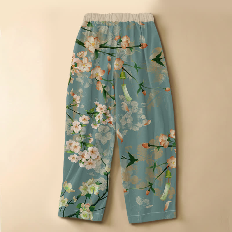 Buddha Stones 純綿桜燕柄カエルボタン付きレディースゴムウエストハーレムパンツ（ポケット付き） - image 1