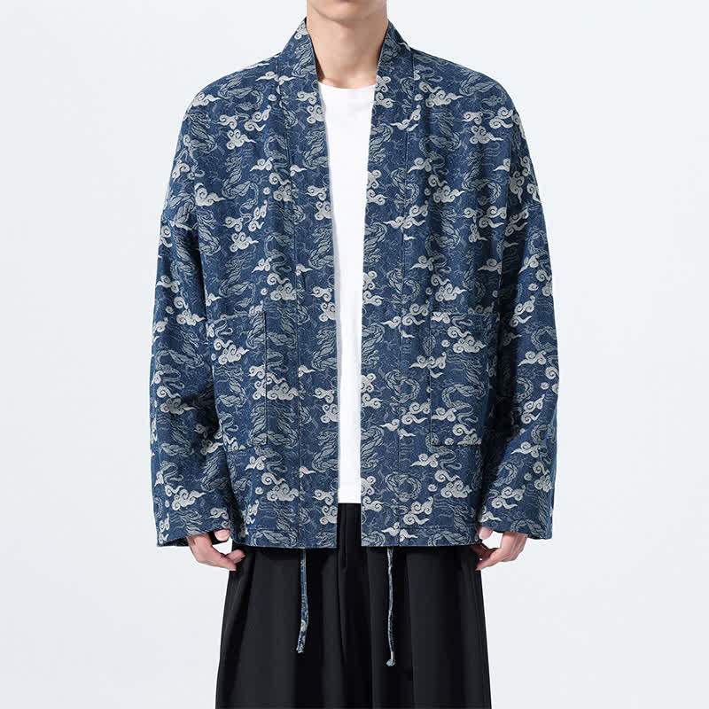 Buddha Stones 春秋カジュアルドローストリング抽象雲柄コットンメンズ着物 - 海軍 - US/UK/AU46、 EU56 (3XL) - image 0