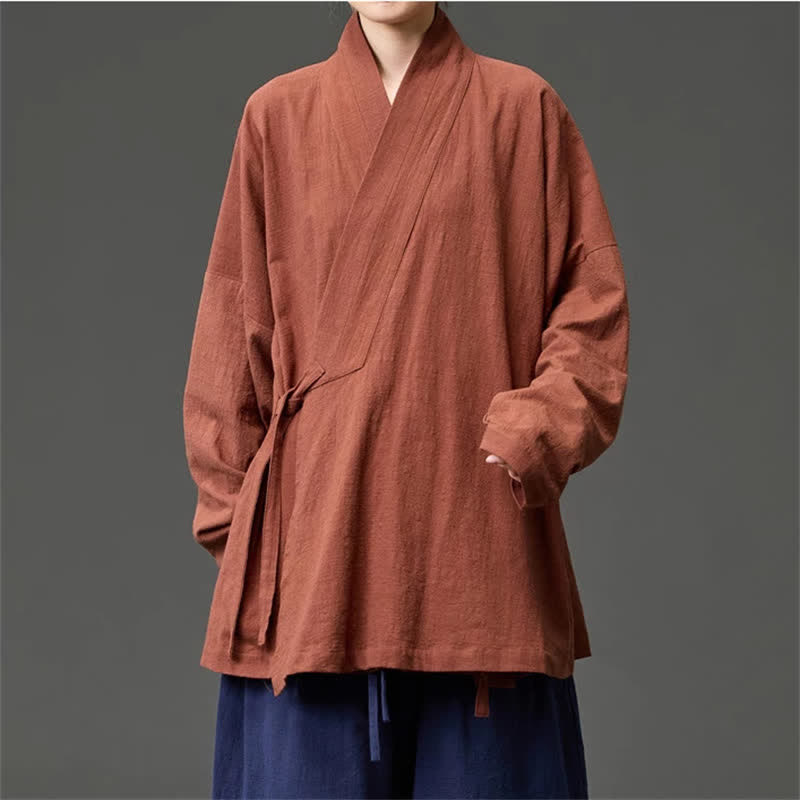 Buddha Stones 秋冬向け唐風ミニマリストドローストリング無地コットンメンズ着物（ポケット付き） - image 1