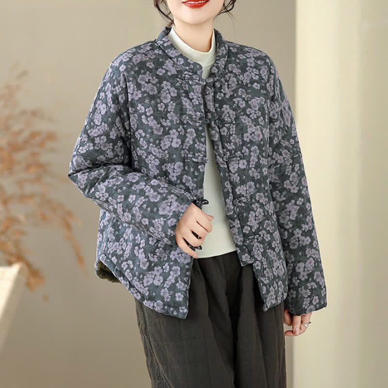 Buddha Stones 冬物ヴィンテージ唐草スタイルカエルボタン花柄プリントレディースジャケット - image 1