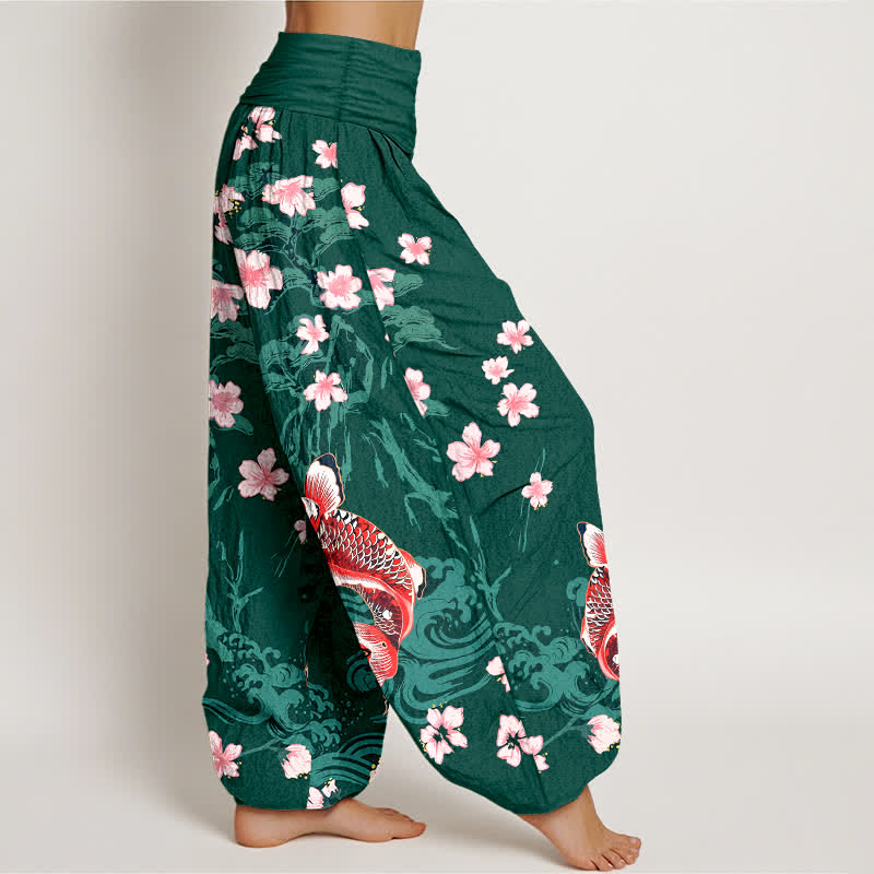 Buddha Stones 綿素材の鯉桜柄レディースゴムウエストハーレムパンツ - image 1