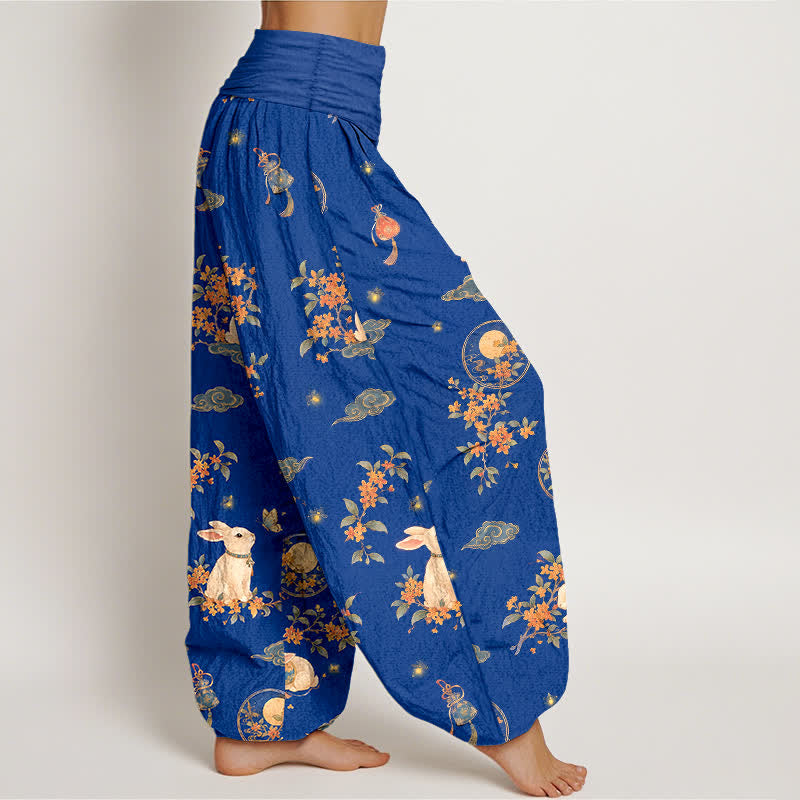 Buddha Stones コットンムーンラビット花柄レディースゴムウエストハーレムパンツ - image 1