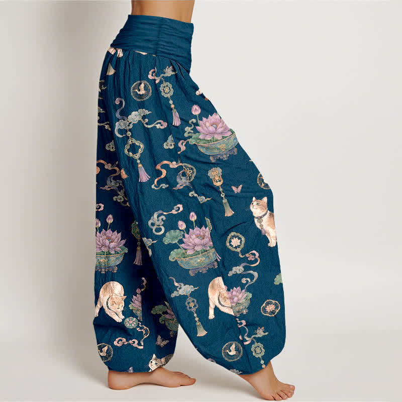 Buddha Stones コットン素材の蓮の葉猫タッセル柄レディースゴムウエストハーレムパンツ - image 1
