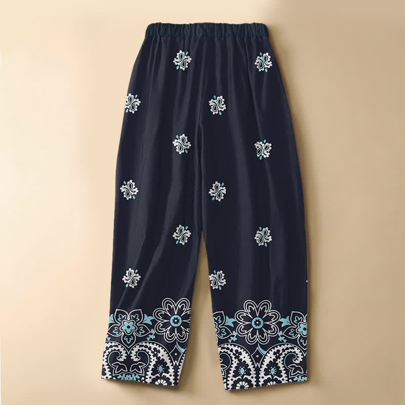 Buddha Stones 純綿ボヘミアンフローラルペイズリー柄カエルボタン付きレディースゴムウエストハーレムパンツ（ポケット付き） - image 1