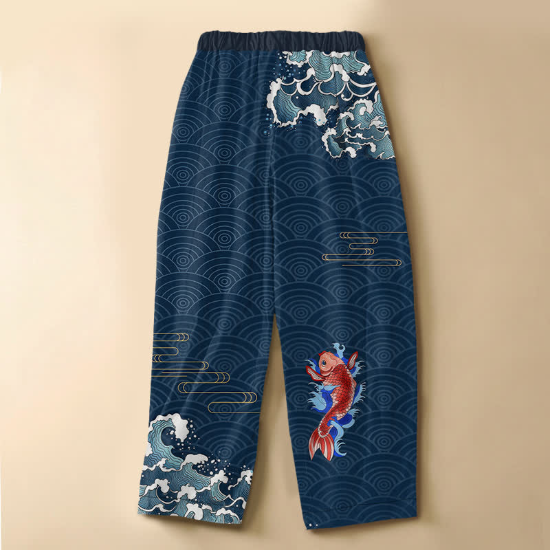 Buddha Stones 純綿素材、日本の鯉の波模様、カエルボタン付き、レディース用ゴムウエストハーレムパンツ（ポケット付き） - image 1