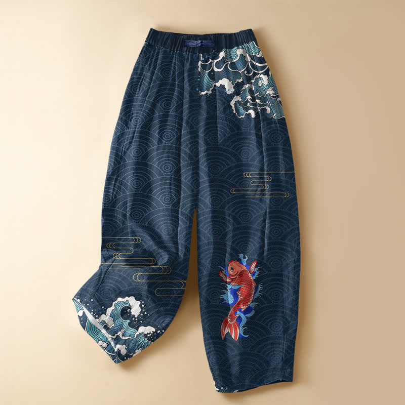 Buddha Stones 純綿素材、日本の鯉の波模様、カエルボタン付き、レディース用ゴムウエストハーレムパンツ（ポケット付き） - 海軍 - US16、 UK/AU20、 EU48 (3XL) - image 0