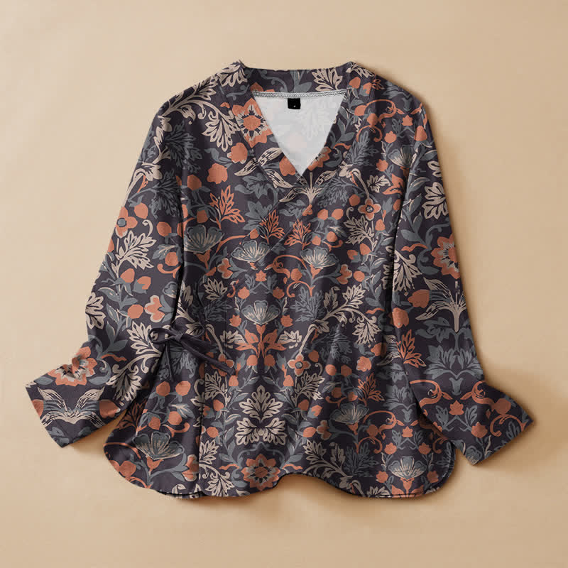 Buddha Stones コットン素材、ヴィンテージ風花柄プリント、漢服風ラップVネックレースアップ長袖シャツ（レディース） - 薄暗い灰色 - US16、 UK/AU20、 EU48 (3XL) - image 0