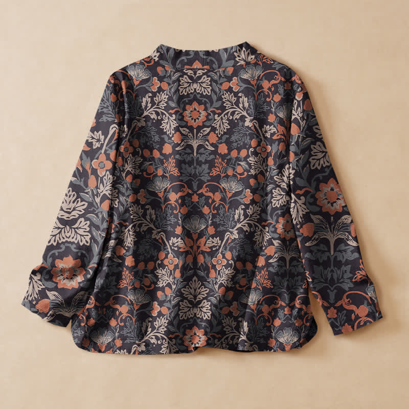 Buddha Stones コットン素材、ヴィンテージ風花柄プリント、漢服風ラップVネックレースアップ長袖シャツ（レディース） - image 1