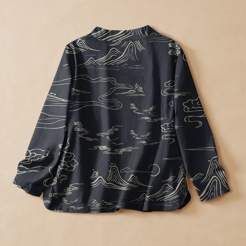 Buddha Stones コットンマウンテンの雲と月柄プリント入り漢服風ラップVネックレースアップ長袖レディースシャツ - image 1