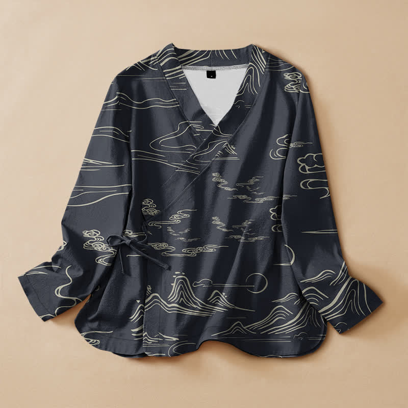 Buddha Stones コットンマウンテンの雲と月柄プリント入り漢服風ラップVネックレースアップ長袖レディースシャツ - ダークスレートグレー - US16、 UK/AU20、 EU48 (3XL) - image 0