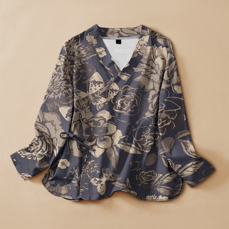 Buddha Stones コットン素材、ヴィンテージ風花柄プリント、漢服風ラップVネックレースアップ、レディース長袖シャツ - ダークスレートブルー - US16、 UK/AU20、 EU48 (3XL) - image 0