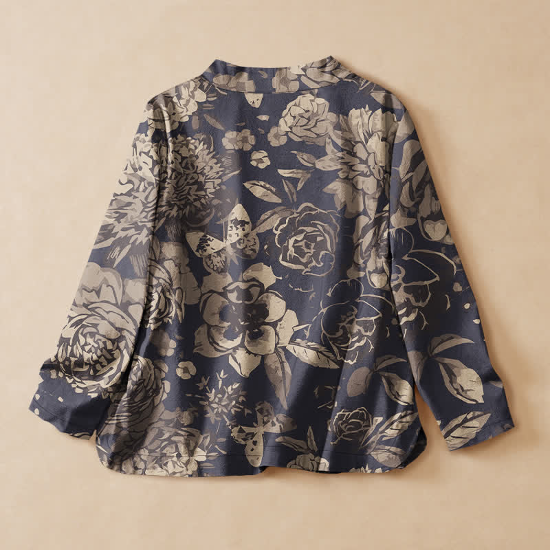 Buddha Stones コットン素材、ヴィンテージ風花柄プリント、漢服風ラップVネックレースアップ、レディース長袖シャツ - image 1