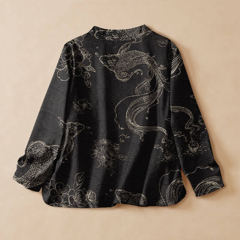 Buddha Stones コットン花柄鯉柄ラップVネックレースアップレディース長袖シャツ着物 - image 1