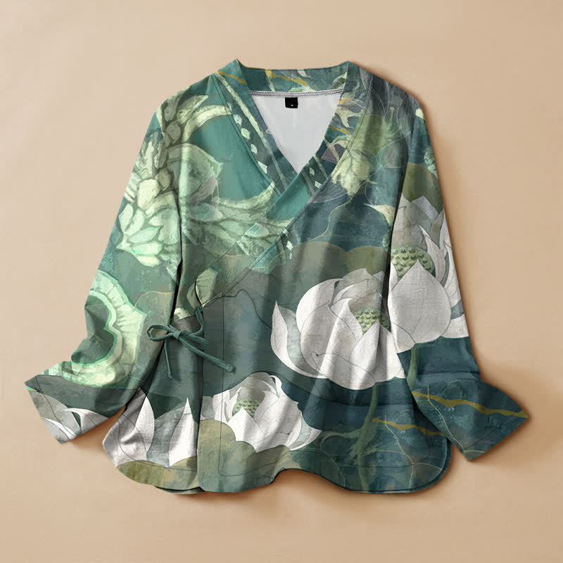 Buddha Stones 綿素材の白蓮の葉柄漢服風ラップVネックレースアップレディース長袖シャツ着物 - ミディアムシーグリーン - US16、 UK/AU20、 EU48 (3XL) - image 0