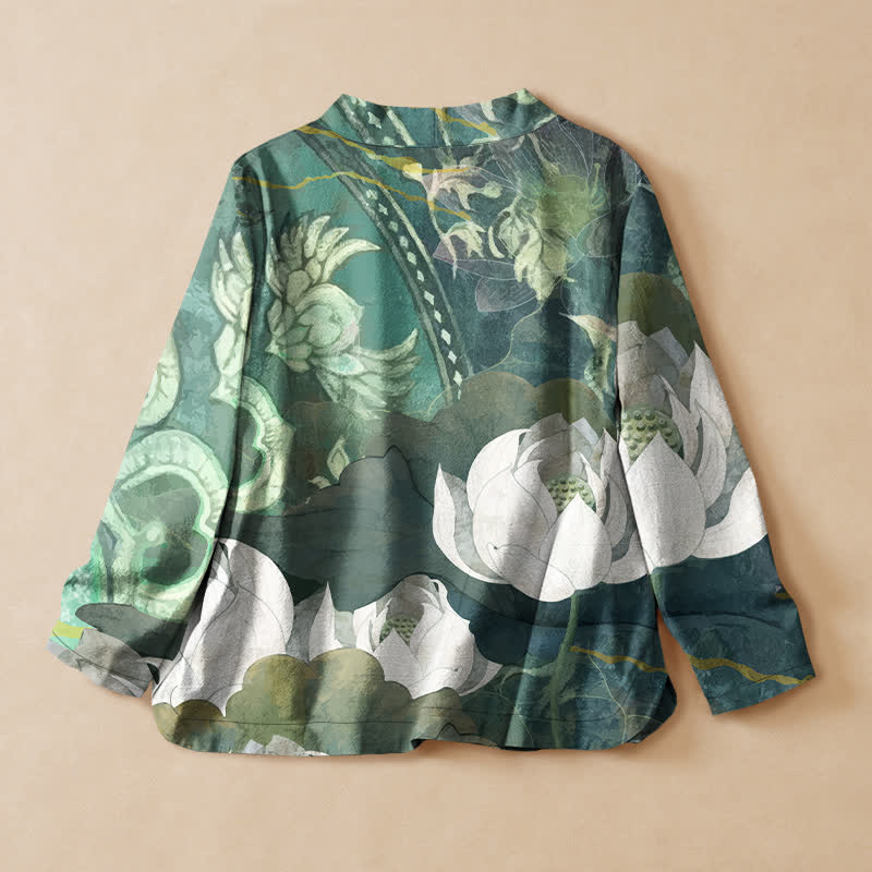 Buddha Stones 綿素材の白蓮の葉柄漢服風ラップVネックレースアップレディース長袖シャツ着物 - image 1