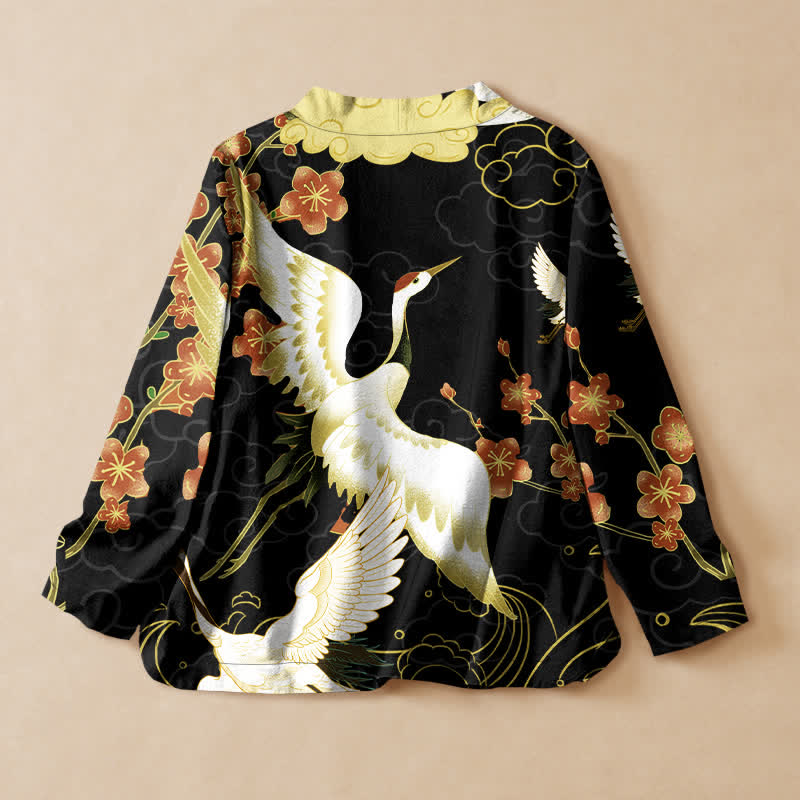 Buddha Stones 綿素材の白鶴柄花柄漢服風ラップVネックレースアップレディース長袖シャツ着物 - image 1