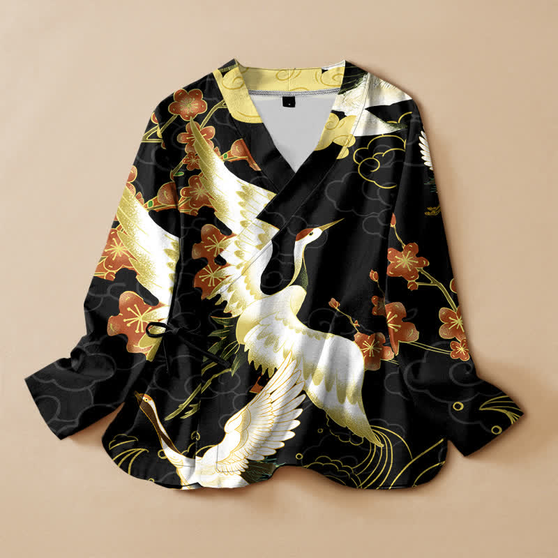 Buddha Stones 綿素材の白鶴柄花柄漢服風ラップVネックレースアップレディース長袖シャツ着物 - 黒 - US16、 UK/AU20、 EU48 (3XL) - image 0