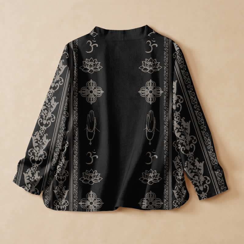 Buddha Stones 綿素材の蓮の花柄プリント漢服風ラップVネックレースアップレディース長袖シャツ着物 - image 1