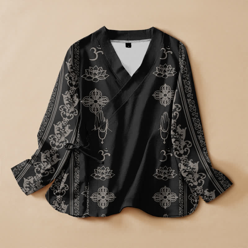 Buddha Stones 綿素材の蓮の花柄プリント漢服風ラップVネックレースアップレディース長袖シャツ着物 - 黒 - US16、 UK/AU20、 EU48 (3XL) - image 0