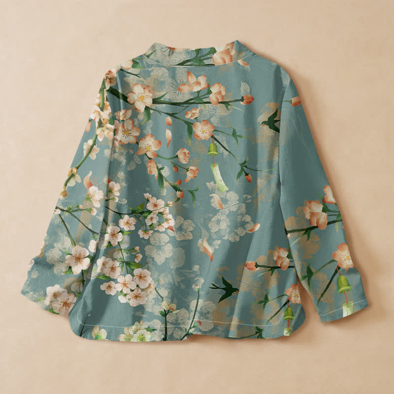 Buddha Stones 綿素材の桜と鳥のプリント入り漢服風ラップVネックレースアップレディース長袖シャツ着物 - image 1