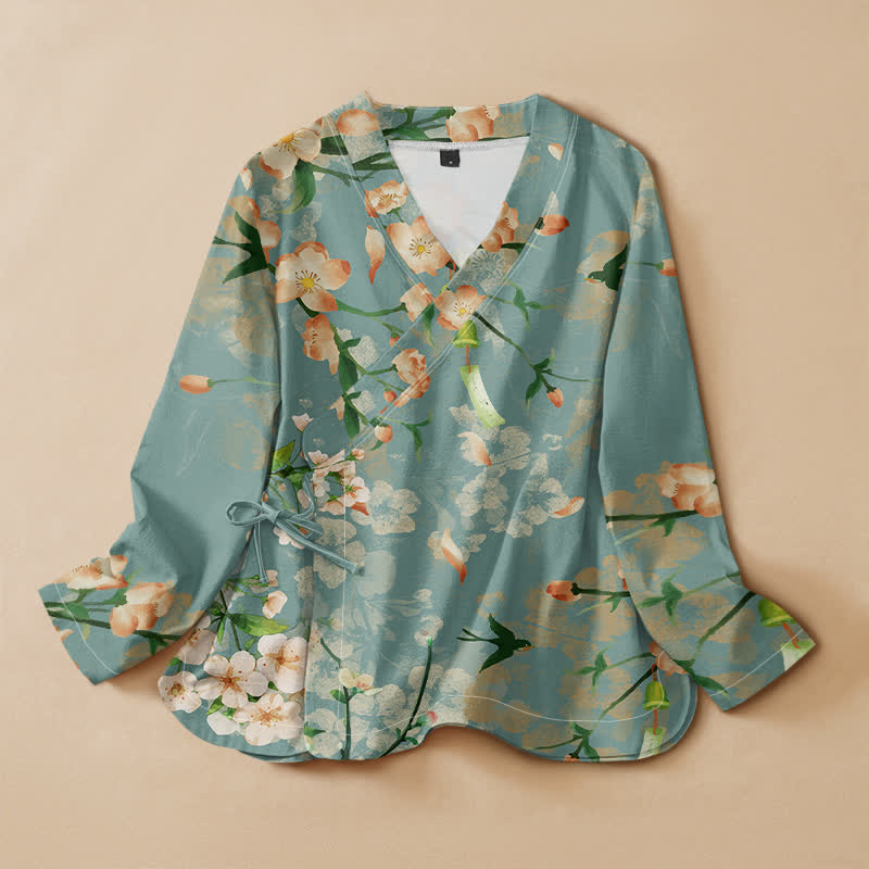 Buddha Stones 綿素材の桜と鳥のプリント入り漢服風ラップVネックレースアップレディース長袖シャツ着物 - ミディアムターコイズ - US16、 UK/AU20、 EU48 (3XL) - image 0