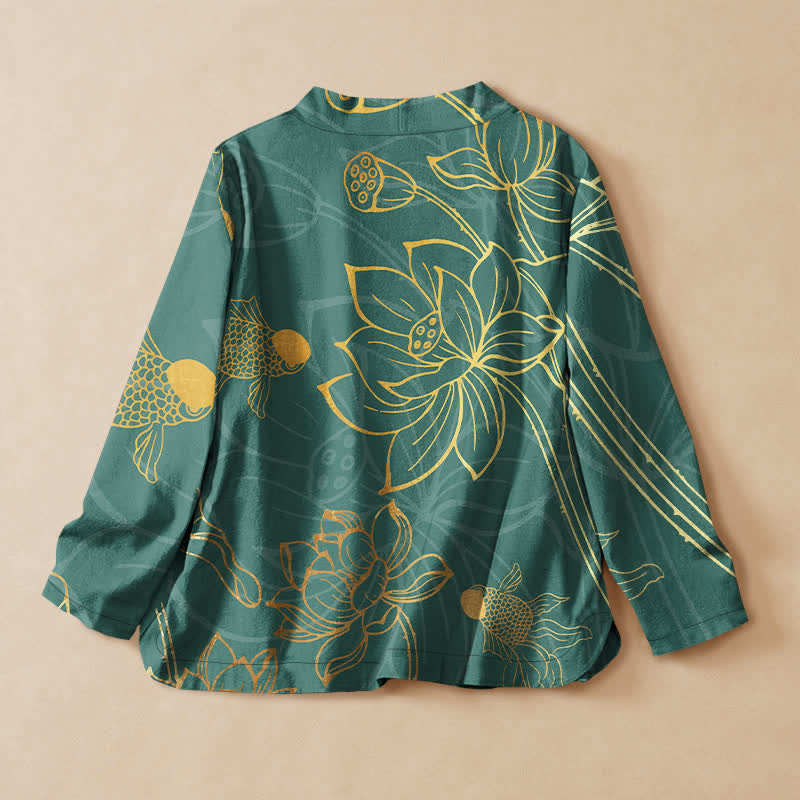 Buddha Stones コットン素材、蓮の花と魚のプリント、Vネック、レースアップ、レディース長袖シャツ、着物風 - image 1