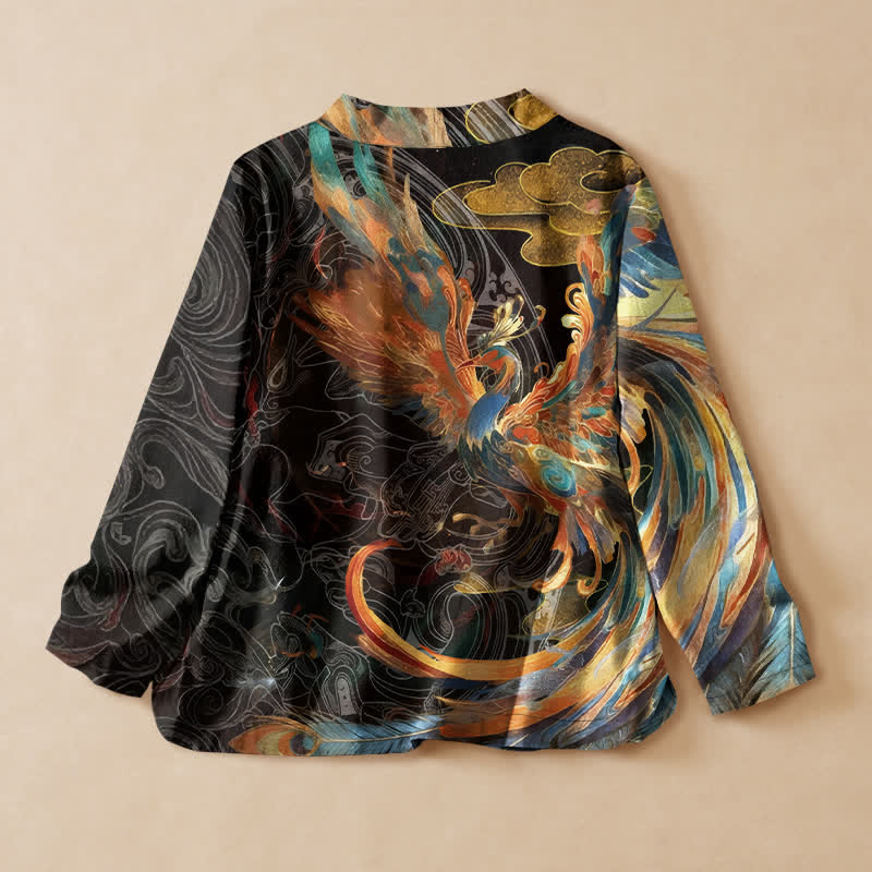 Buddha Stones 綿素材の金鳳凰雲プリント漢服風ラップVネックレースアップレディース長袖シャツ着物 - image 1